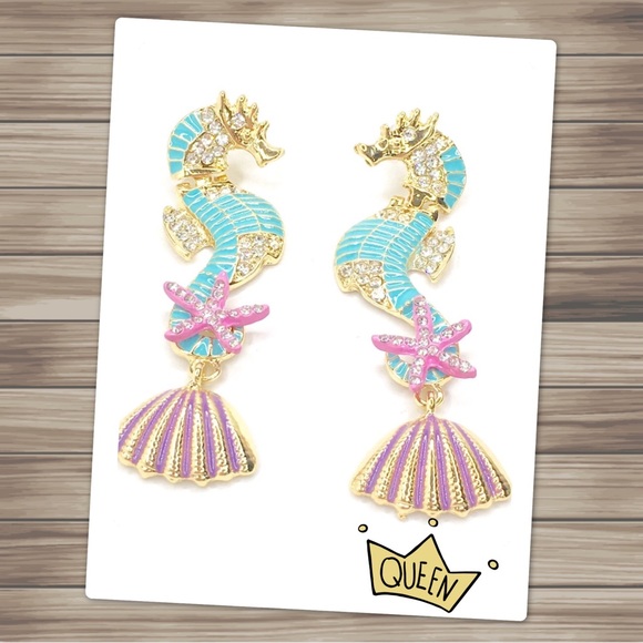 Seahorse Enameled Pearly Wire Earrings